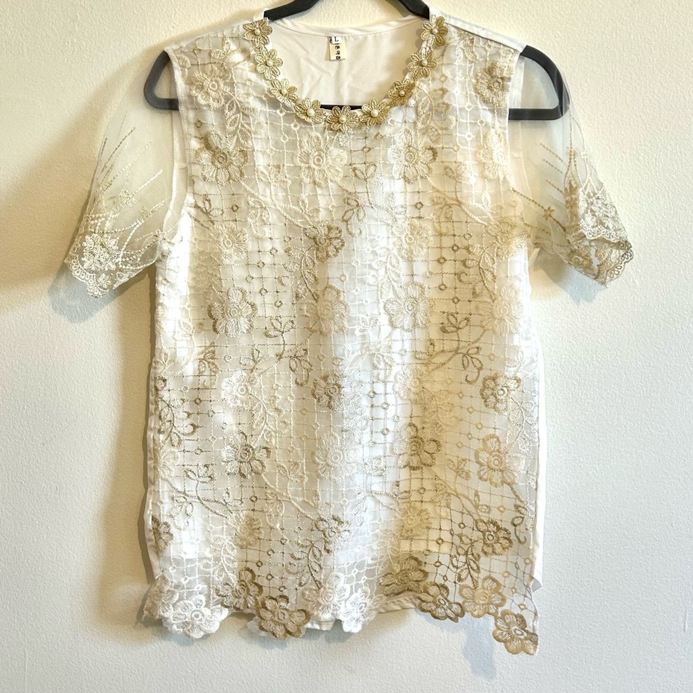 Gold and white embellished shirt with pearl detail